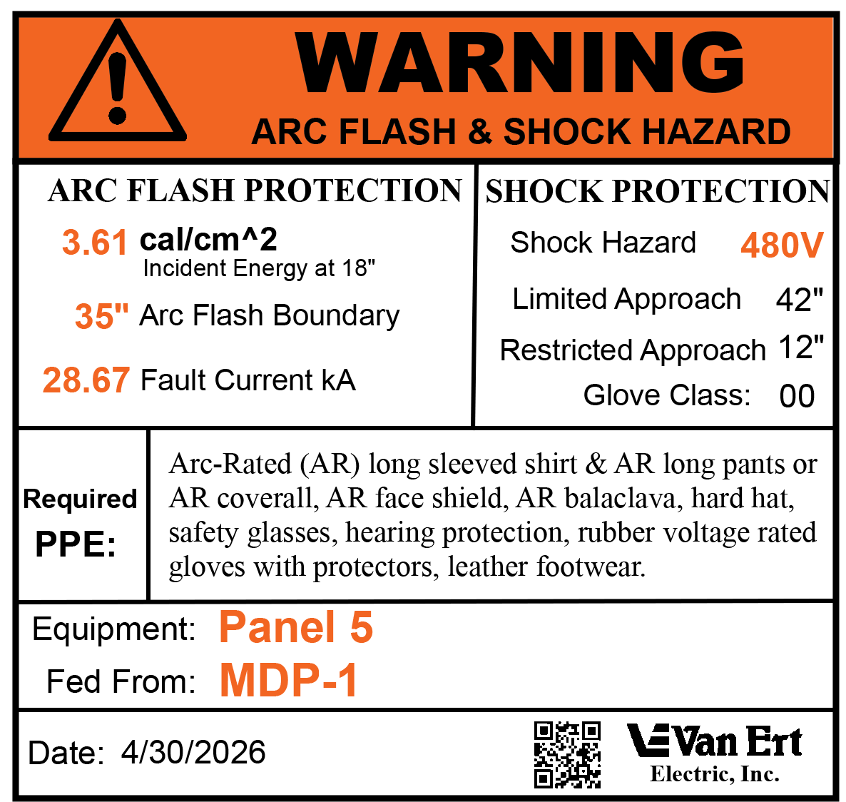 Arc Flash & Shock Hazard Warning Label